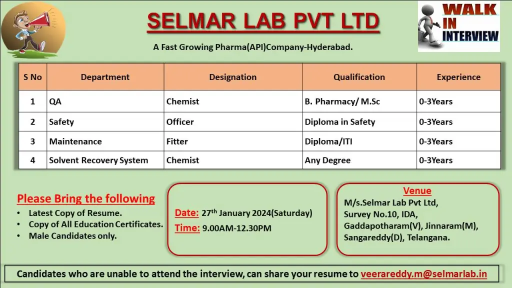 Selmar Lab Pvt. Ltd - Walk-Ins for Freshers & Experienced in QA, Safety, SRS, Maintenance on 27th Jan 2024